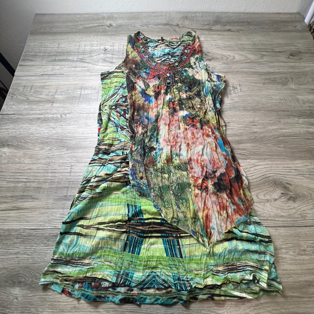 Klozyne Dress Womens L Multicolor Abstract Beaded Crochet Bib Boho Lagenlook‎